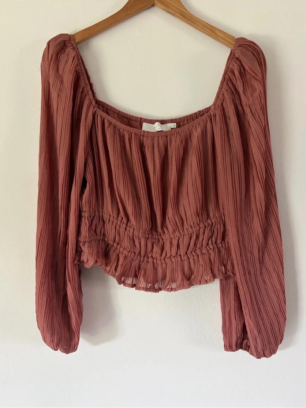 ASTR The Label Pink Pleated Smocked Balloon Sleeve Crop Peasant Top Size Medium